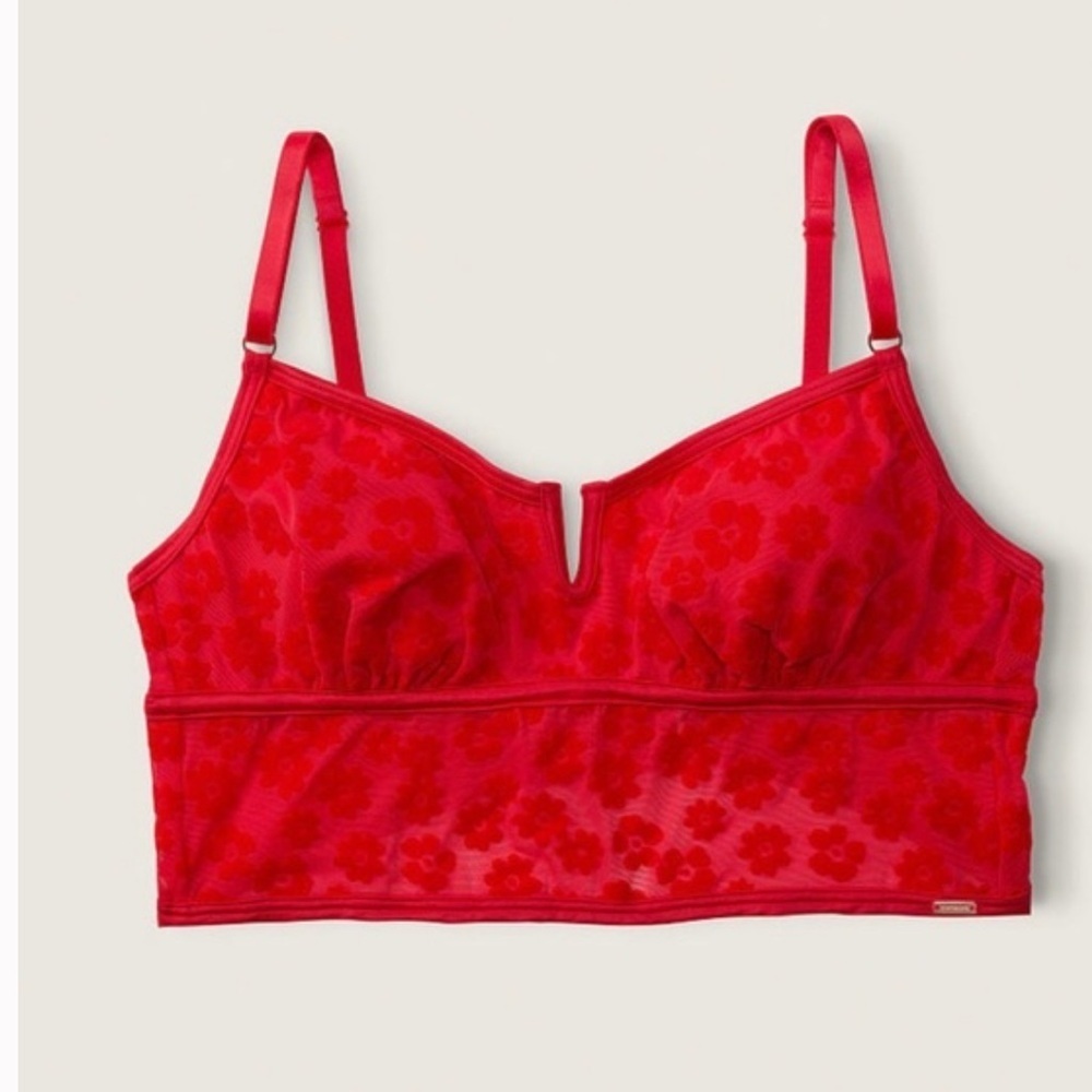 Victoria’s Secret PINK Red Floral Flocked Mesh Bralette - Picture 3 of 8